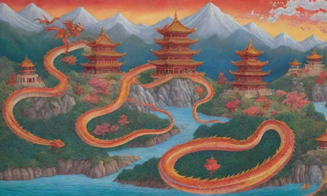 Dragones vibrantes surcan el cielo entre templos antiguos y paisajes exuberantes, simbolizando una rica mitología