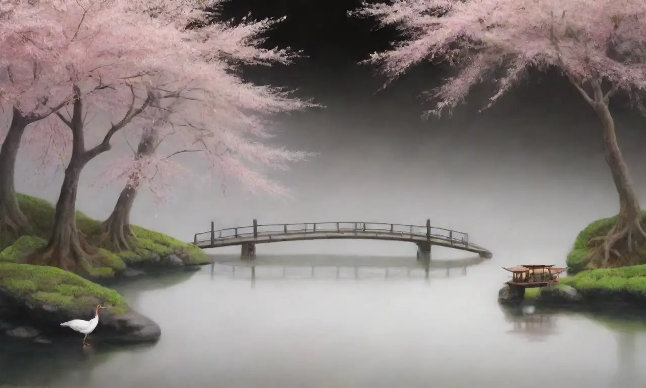 Un paisaje sereno de flores de cerezo, bambú, un estanque y tradiciones japonesas