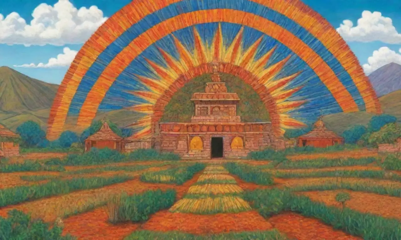 Un radiante sol dorado ilumina un paisaje inca de abundancia y armonía