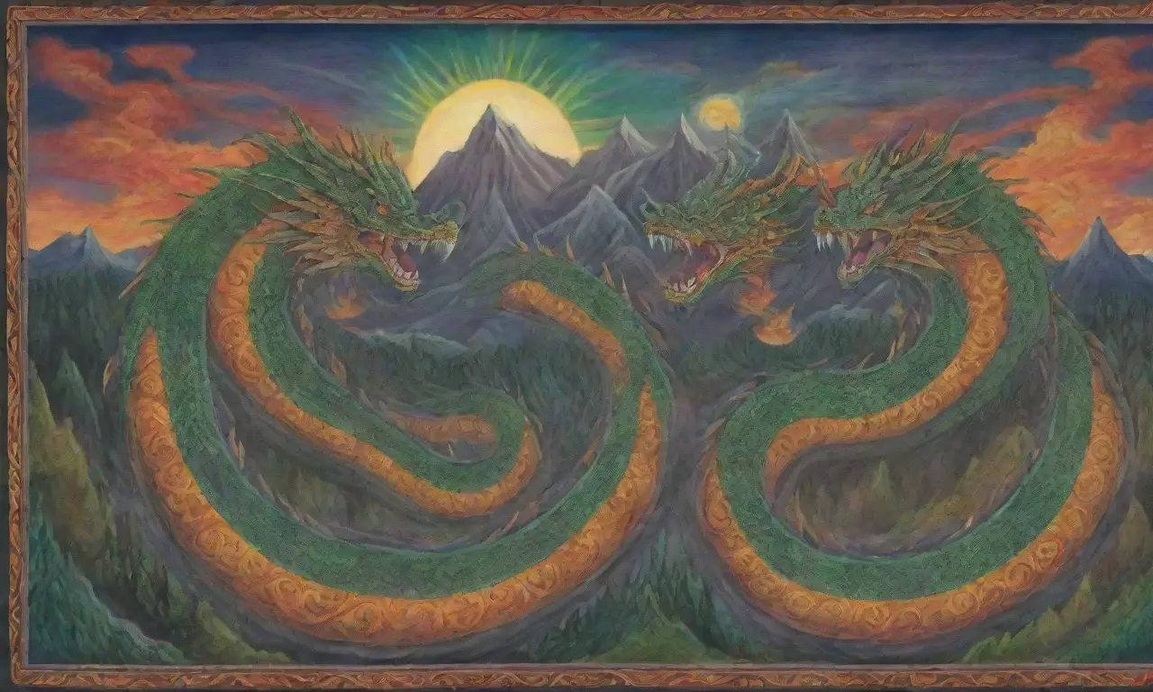 Un mural vibrante de dragones y mitología eslava, con colores intensos y un ambiente de fantasía