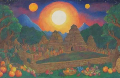 Colores vibrantes y paisajes sagrados crean un ambiente de sabiduría y tradición