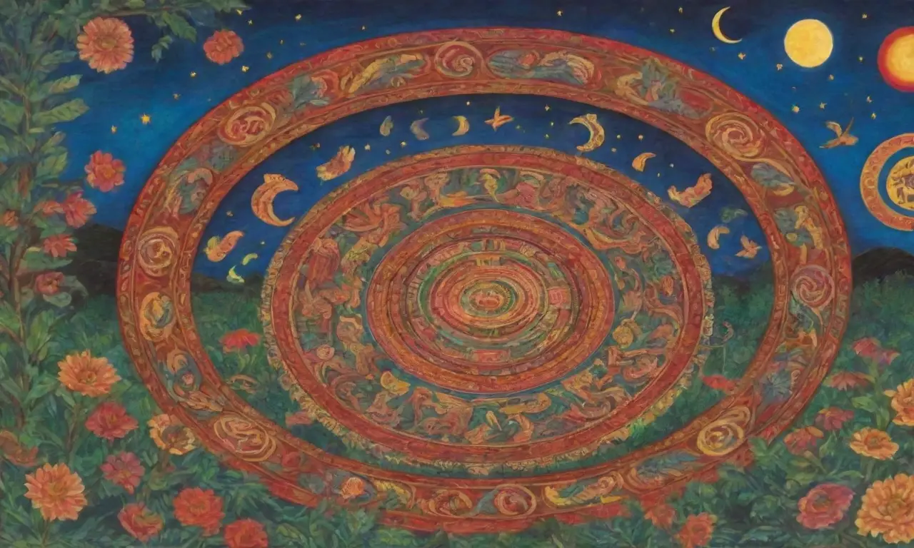 Un vibrante arte captura la esencia de una civilización con colores, símbolos y rituales