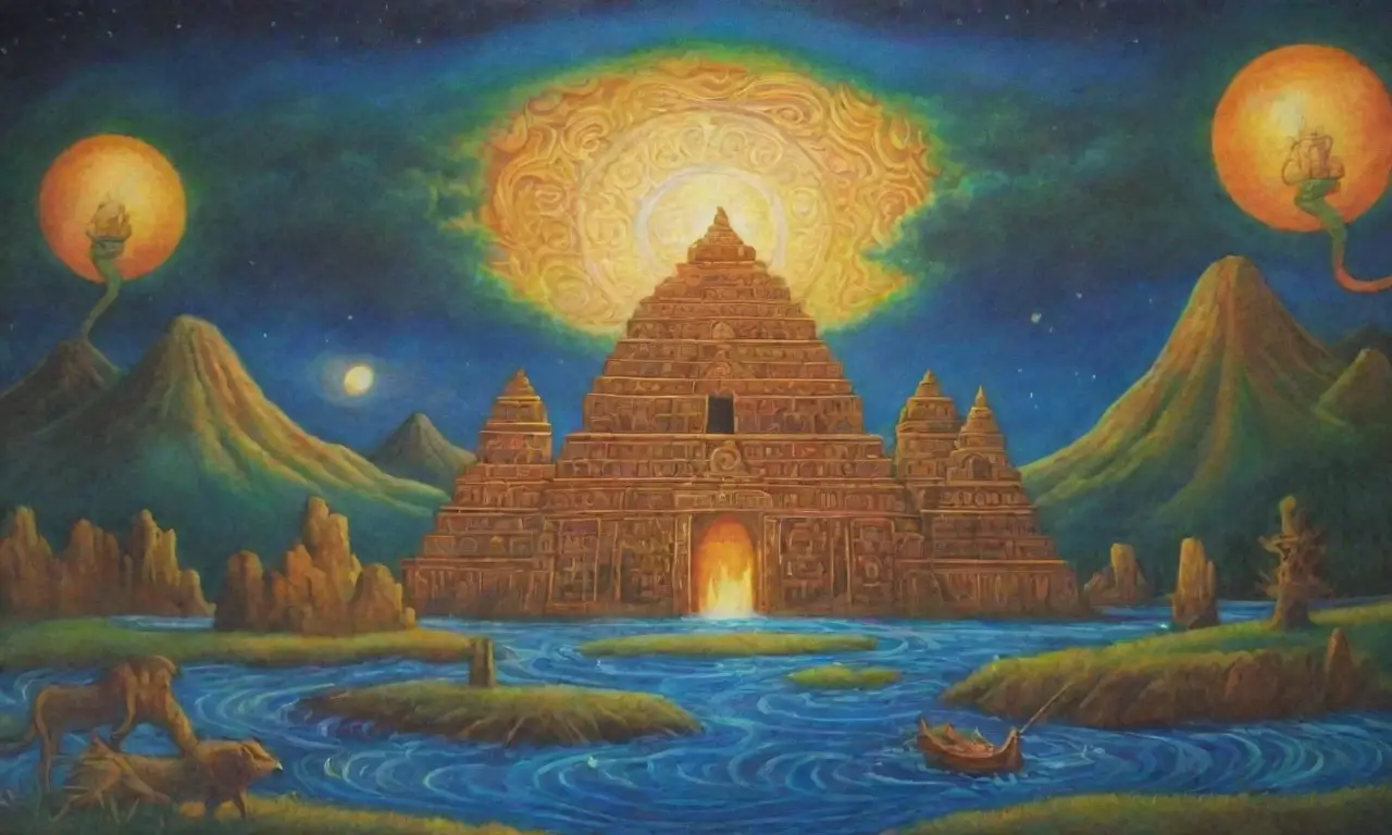 Un paisaje antiguo lleno de símbolos, criaturas míticas y elementos cósmicos