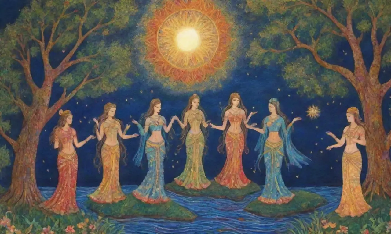 Tres diosas radiantes emergen en un paisaje celestial lleno de luz, color y armonía
