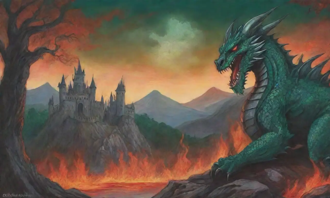 Un dragón feroz con escamas esmeralda y aliento de fuego sobre un castillo en ruinas y un paisaje lleno de sombras y leyendas