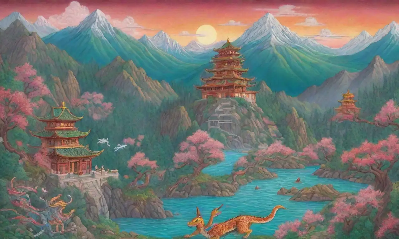 Un mural vibrante con colores intensos, criaturas míticas, montañas, un dragón majestuoso y un pueblo tranquilo, todo entrelazado en una rica historia