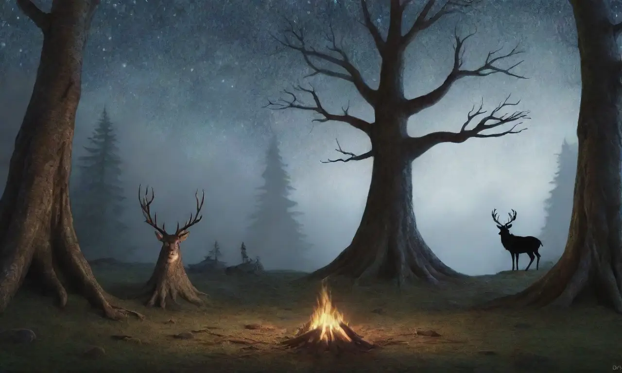 Un bosque misterioso con árboles antiguos, un lago brillante, un lobo aullando y cazadores en busca de aventuras
