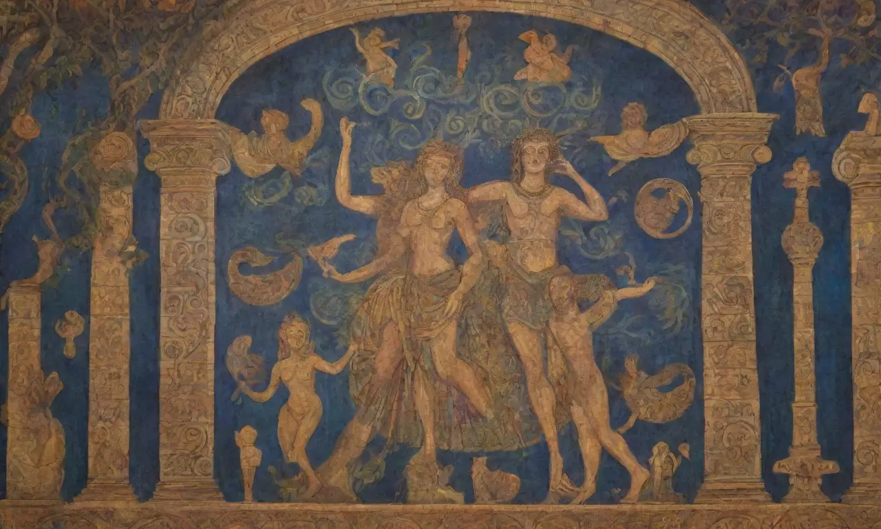 Un mural vibrante de dioses antiguos y criaturas mitológicas en un fondo de columnas en ruinas y luces etéreas