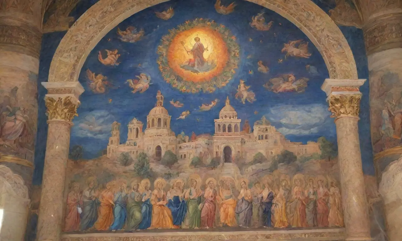 Un mural grandioso y vibrante que representa dioses romanos y mitología en un escenario lleno de luz y simbolismo