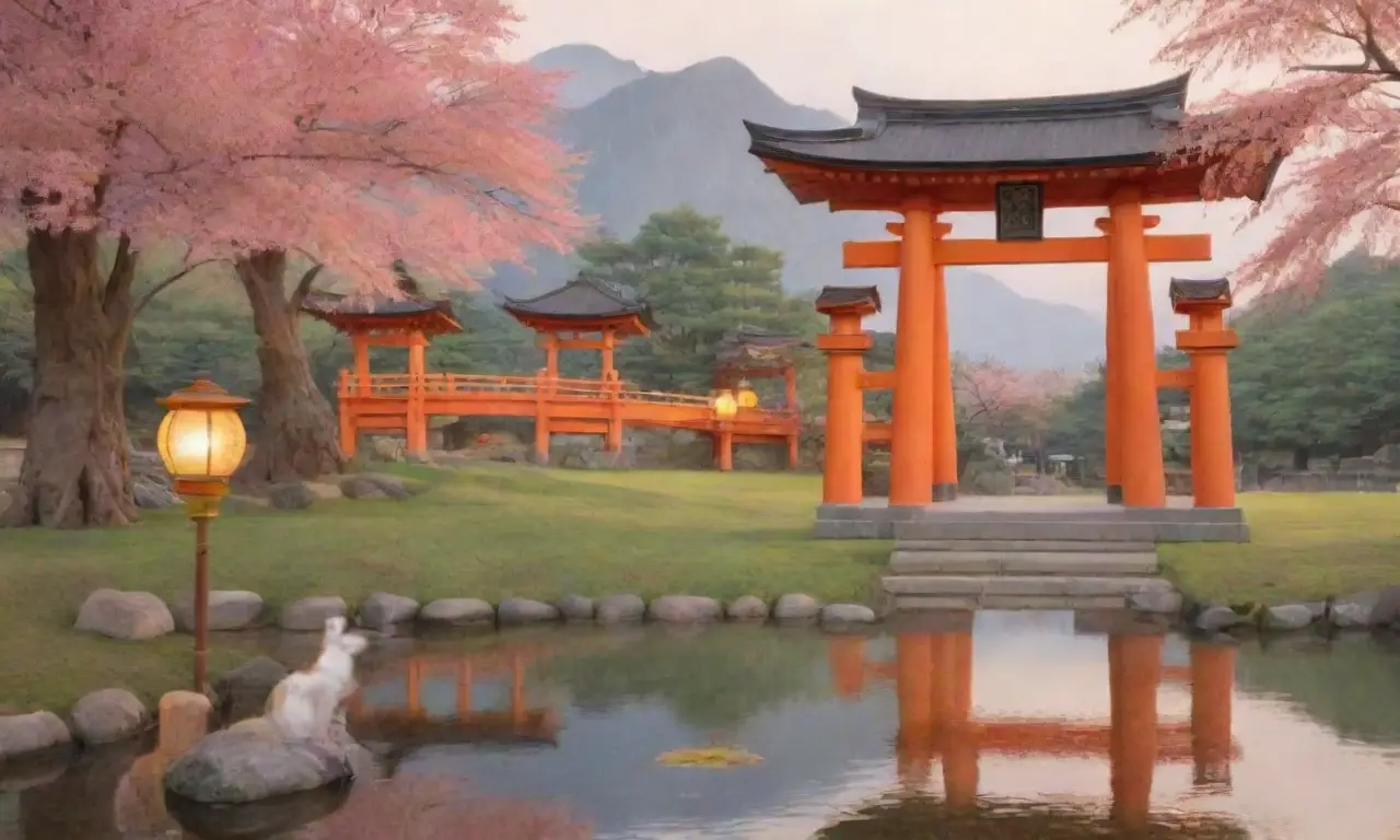 Un paisaje sereno con arrozales verdes, torii naranjas, cerezos en flor y templos sintoístas
