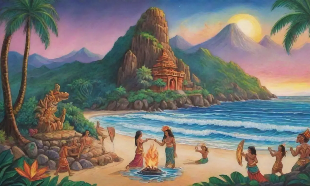 Un paisaje tropical vibrante lleno de colores, naturaleza, cultura y mitología