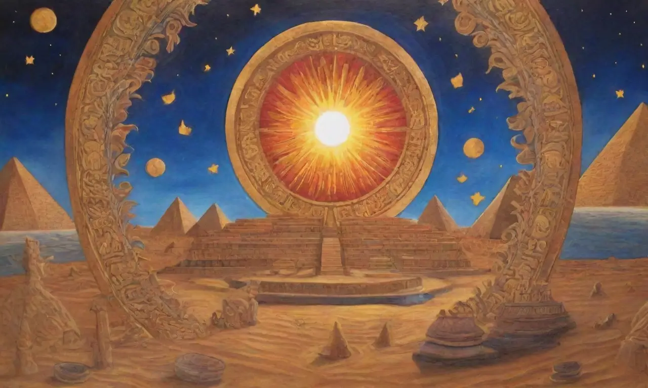 Un vibrante paisaje egipcio lleno de símbolos de luz, vida y divinidad
