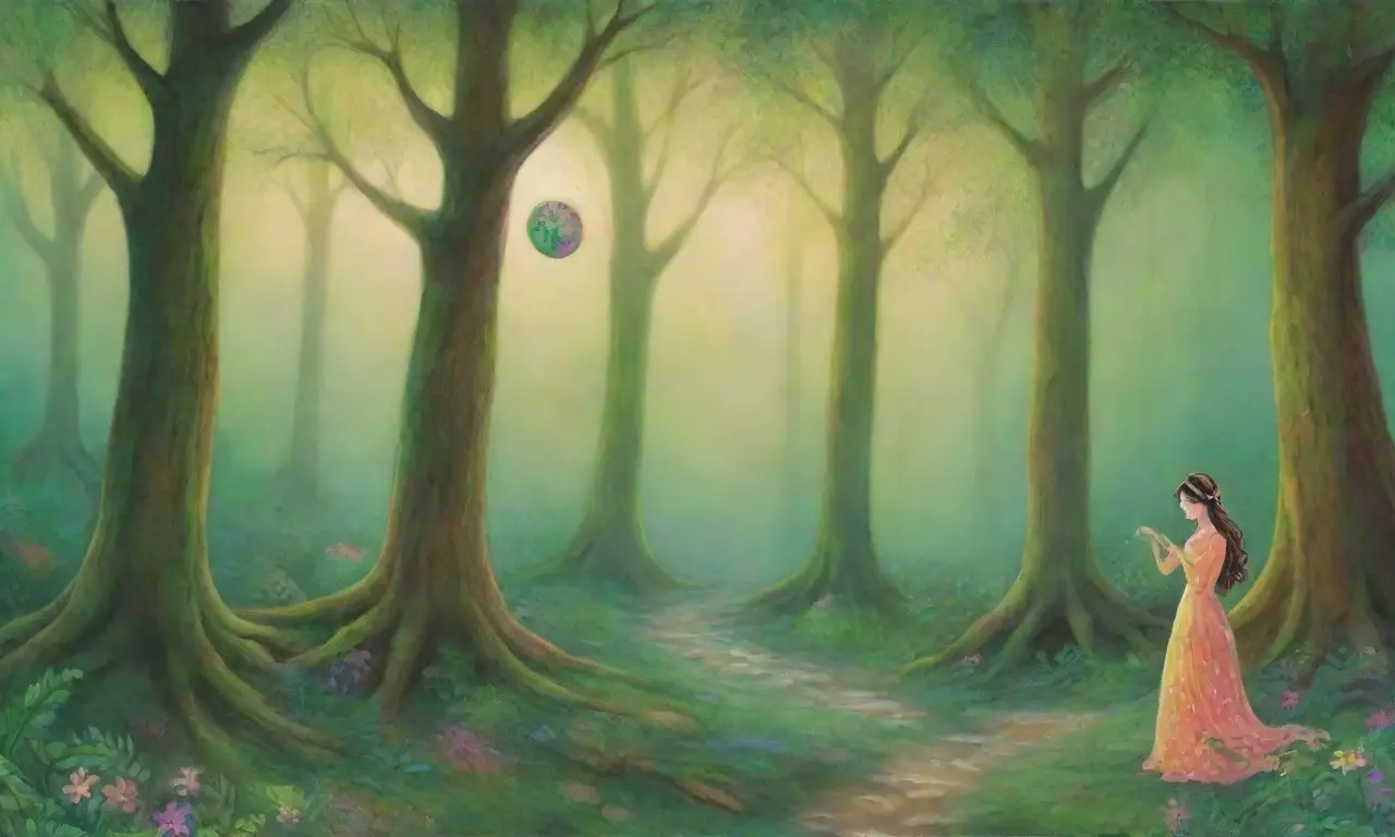 Un bosque verde vibrante lleno de flores, criaturas místicas y una atmósfera mágica