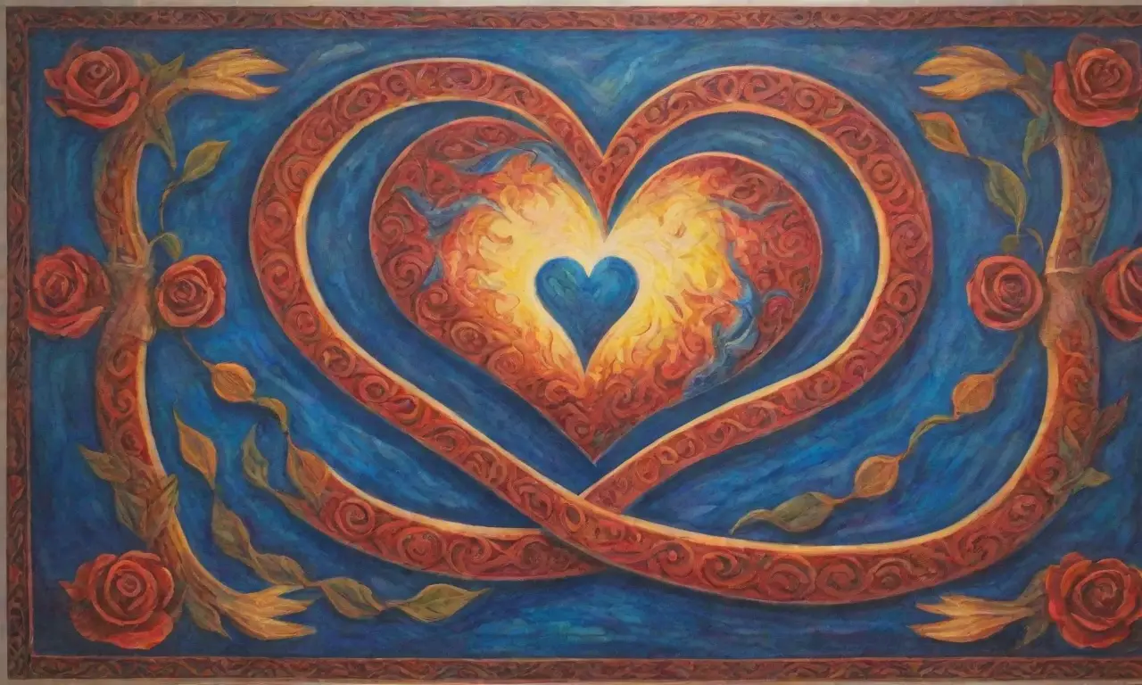 Un mural vibrante que representa la dualidad del amor y el odio con colores intensos y símbolos de eternidad