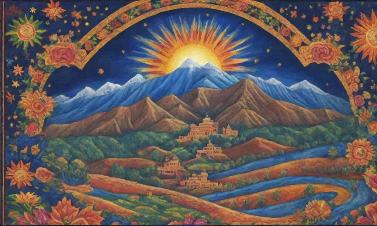 Un vibrante tapiz andino con colores dorados y azules, figuras de Viracocha e Inti, y la esencia de la creación en armonía