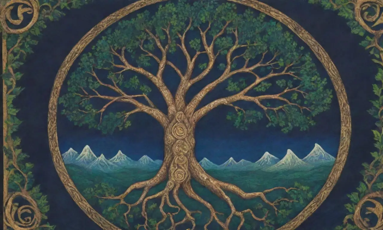 Un tapiz de runas nórdicas, un Yggdrasil majestuoso y dioses antiguos en un paisaje lleno de misterio y poesía