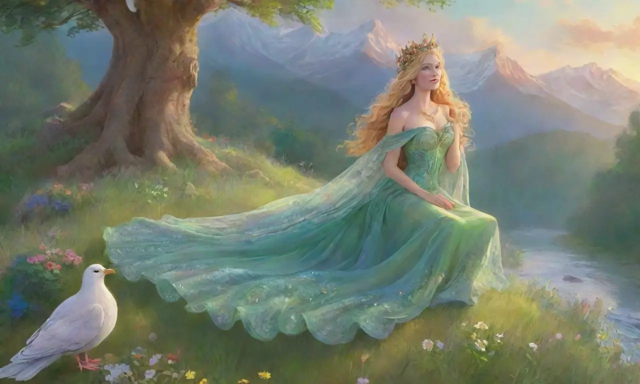 Un hermoso paisaje con Freyja rodeada de flores, animales y luz dorada