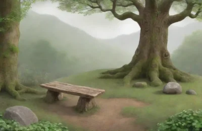 Un bosque verde y antiguo con árboles retorcidos