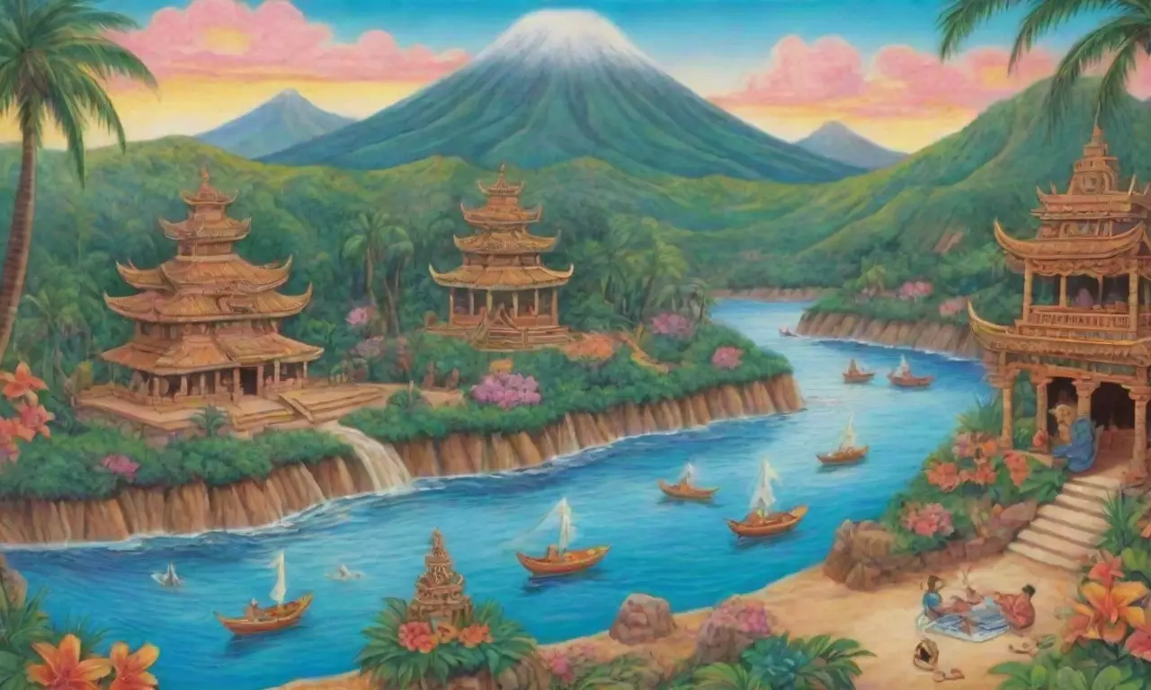Colores tropicales vibrantes, naturaleza exuberante y rica cultura en un paisaje sagrado