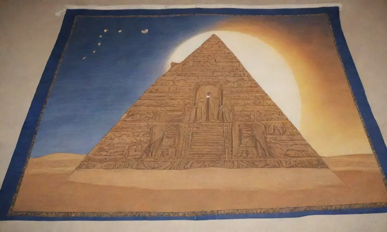 Un desierto dorado con un atardecer brillante, un ankh reluciente, jeroglíficos antiguos, una pirámide, figuras contrastantes, una balanza, humo etéreo, un escarabajo, Osiris y Anubis, una luna creciente, estrellas, y un aroma a mirra