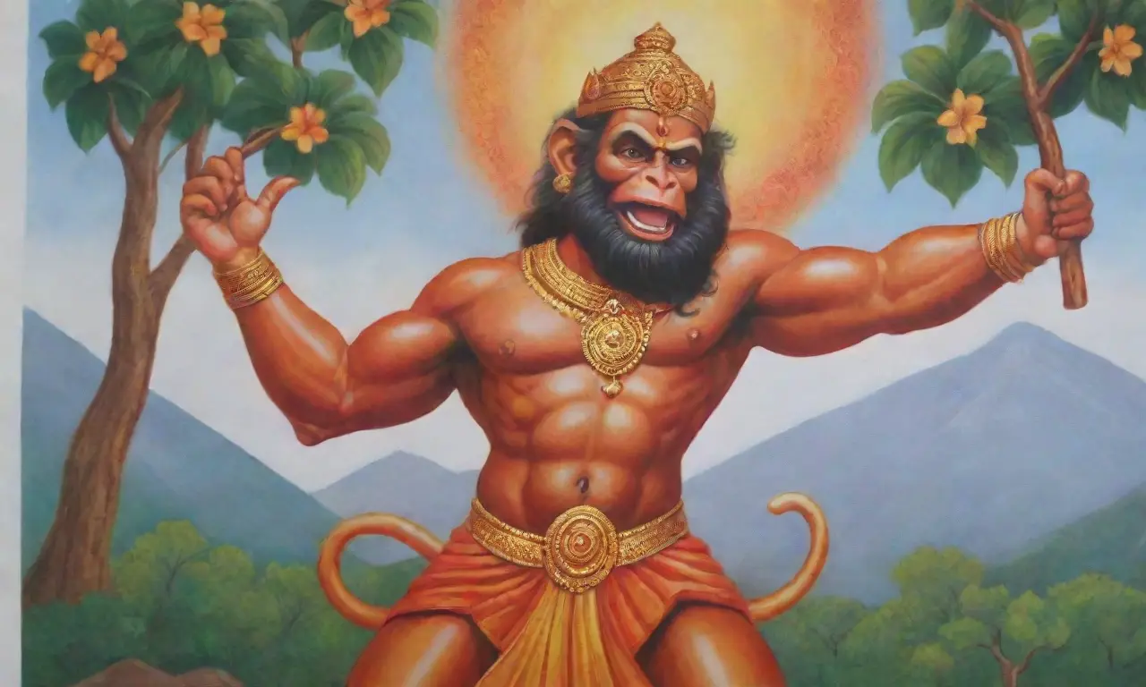 Una escena vibrante de devoción y unidad con Hanuman y Rama en un entorno espiritual