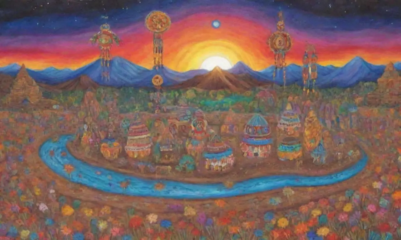 Colores vibrantes y símbolos antiguos se entrelazan en un paisaje de armonía y tradición