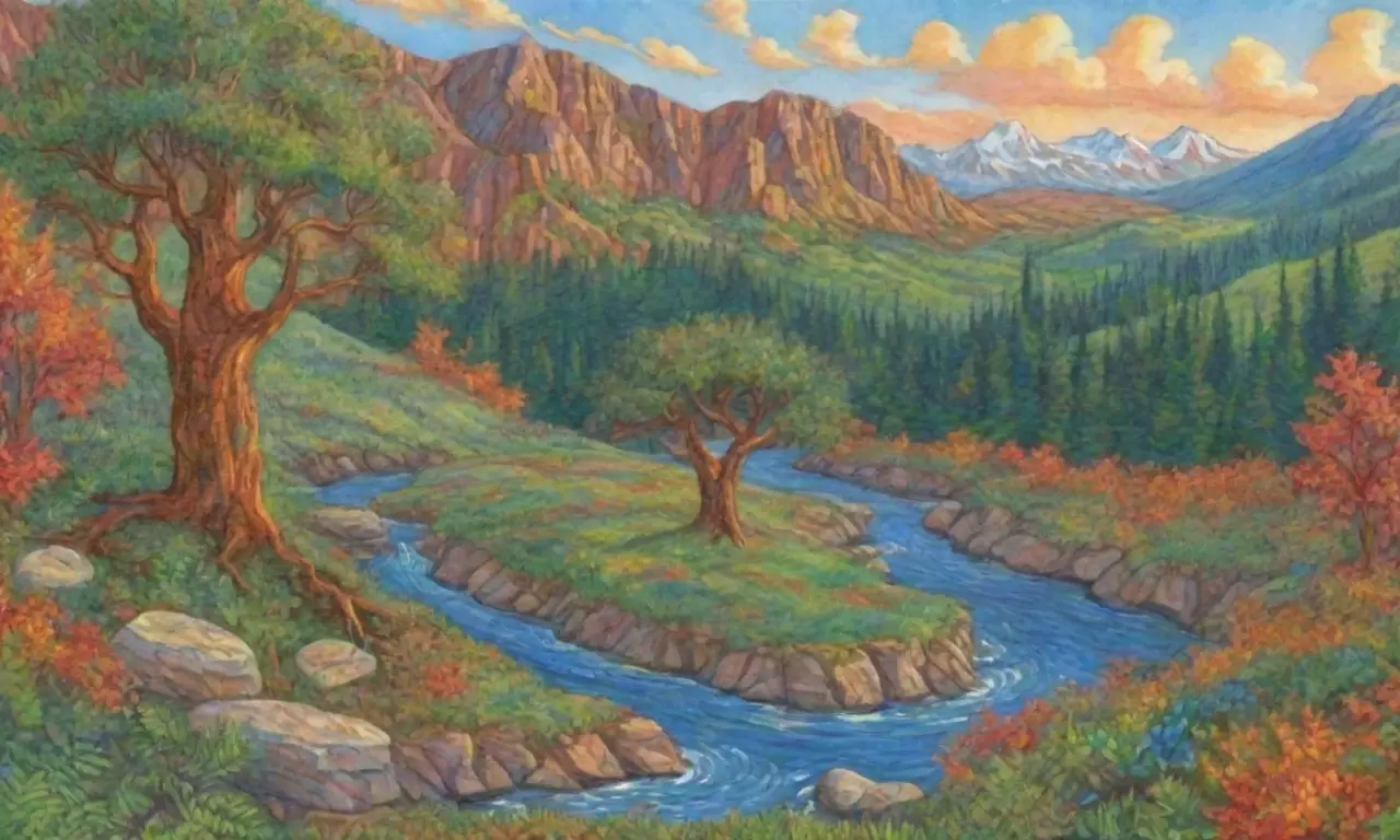 Un paisaje vibrante y armónico donde se entrelazan colores y elementos naturales