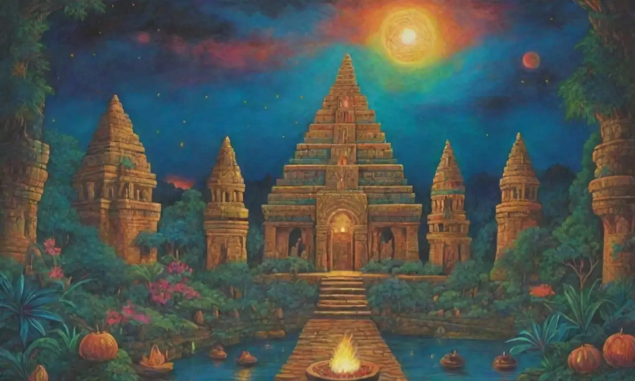 Un paisaje místico de colores vibrantes, símbolos antiguos y vida exuberante