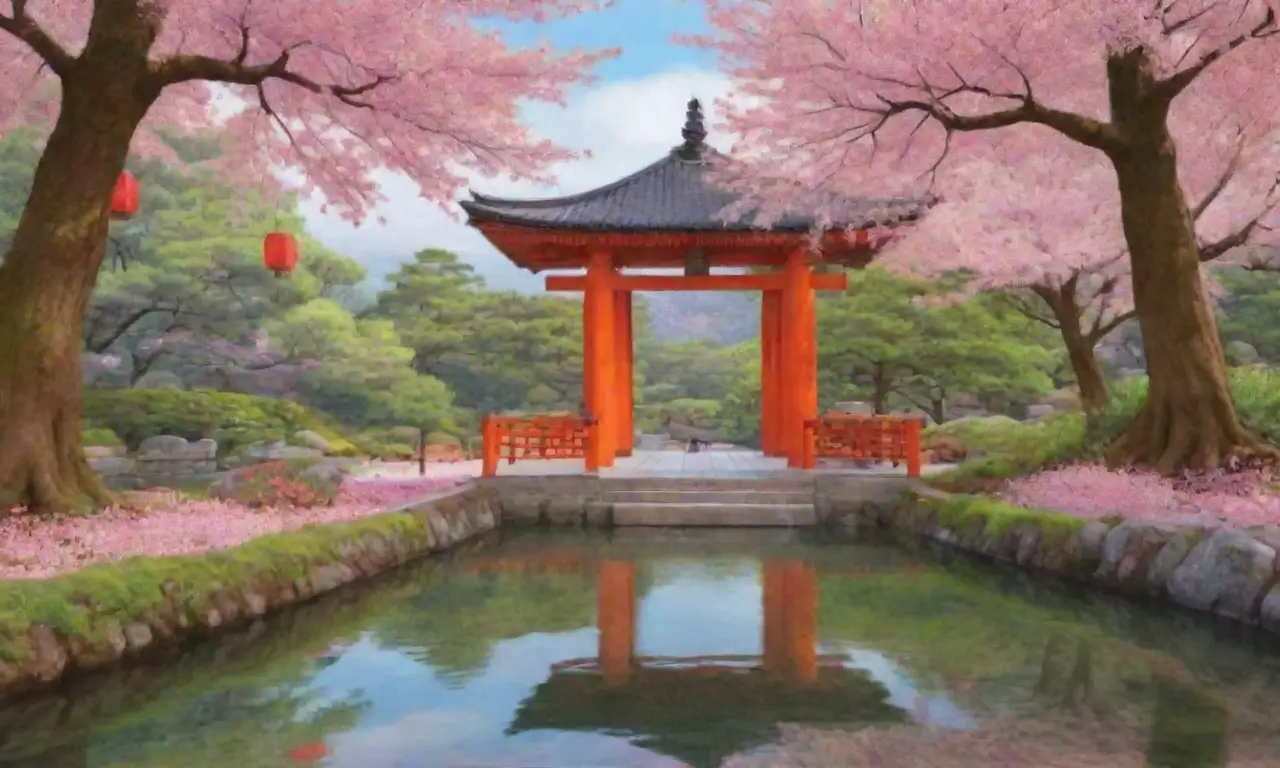 Un paisaje sereno de colinas verdes, un templo tranquilo, puertas torii rojas, cerezos en flor y una atmósfera de armonía espiritual