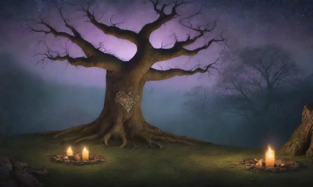 Un bosque brumoso con árboles antiguos, un arroyo plateado, figuras etéreas, flores vibrantes, un altar de piedra, sombras danzantes y ecos de amores perdidos