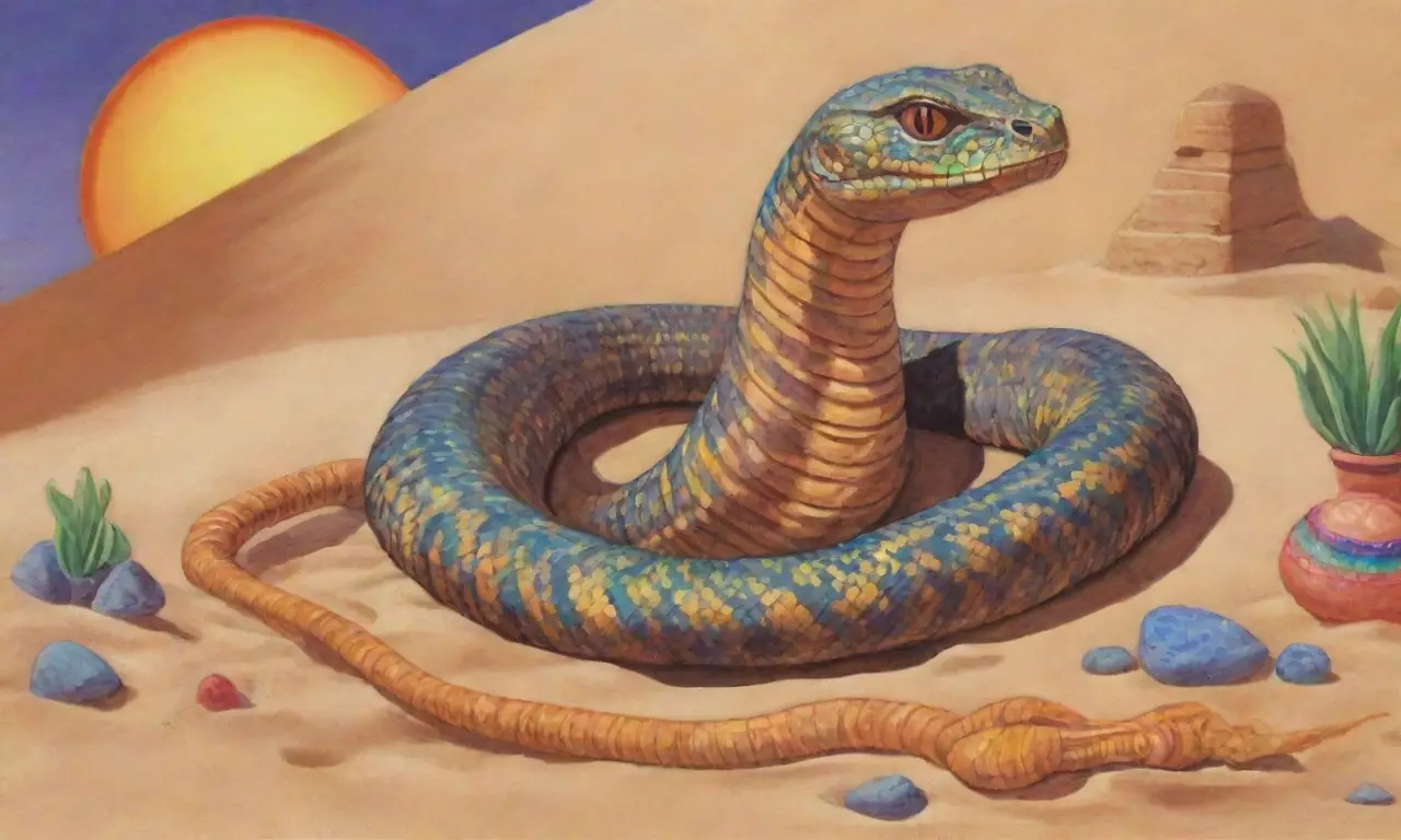 Una cobra vibrante se enrosca entre símbolos antiguos en un desierto al atardecer