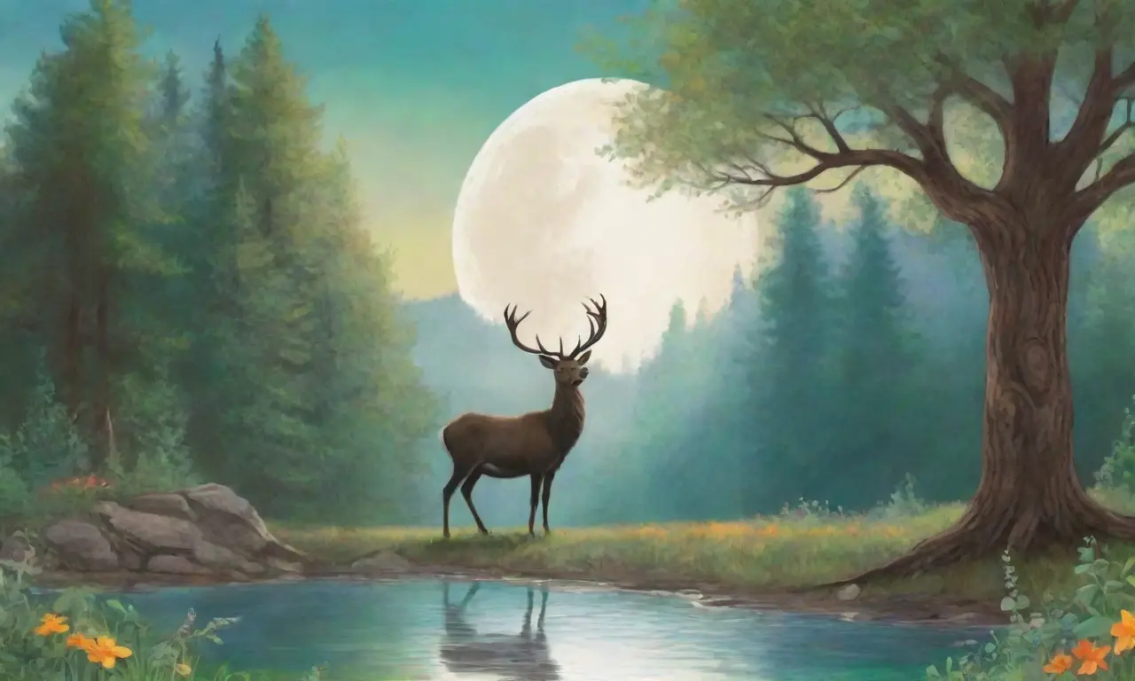 Un majestuoso paisaje natural con un ciervo, flores silvestres, luna plateada y una mujer rodeada de criaturas del bosque