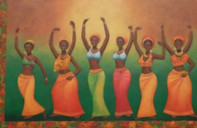 Colores vibrantes y figuras fuertes simbolizan la resistencia y la unidad en un paisaje lleno de historia y esperanza