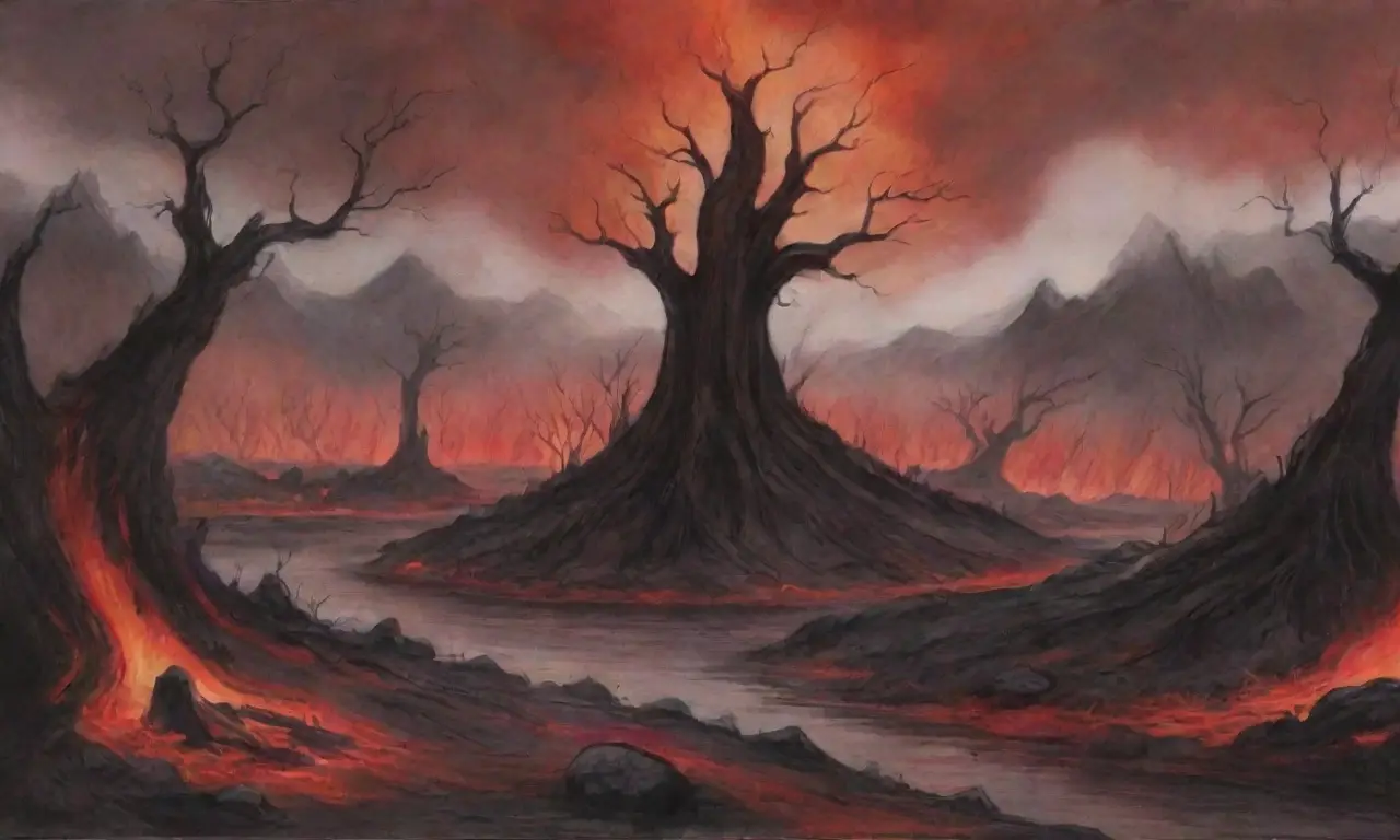 Un paisaje desolador y aterrador, lleno de sombras, fuego y restos óseos, envuelto en un silencio inquietante
