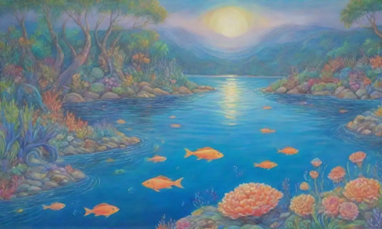 Un mundo mágico y sereno se revela en un paisaje vibrante de colores y figuras etéreas
