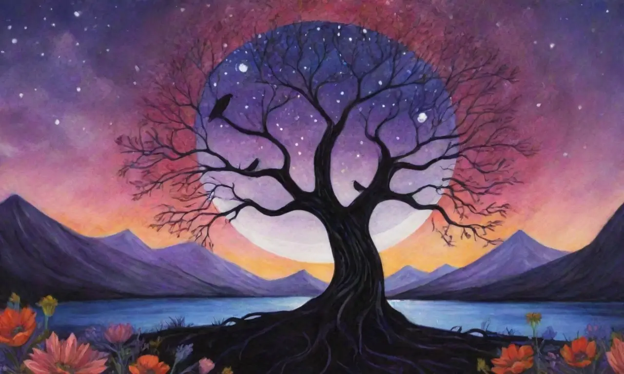 Un cielo nocturno en espiral refleja un encuentro entre luz y sombra, con Yggdrasil, un lago brillante y un amanecer distante