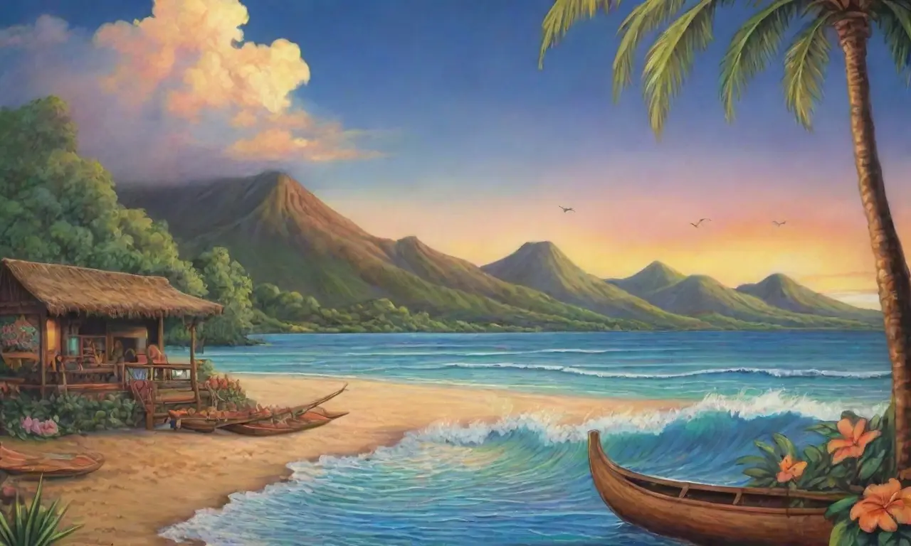 Un paisaje hawaiano vibrante con olas, montañas, atardecer dorado, flores, canoas, y una atmósfera mágica
