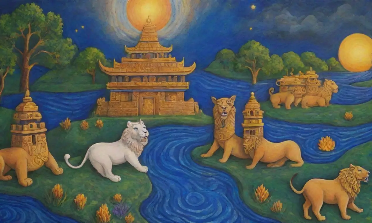 Un paisaje antiguo con dioses, ríos, ziggurat, joyas y figuras que reflejan alegría y tristeza