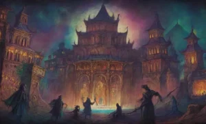 Un teatro oscuro con una pantalla parpadeante que muestra historias míticas y visuales cautivadoras