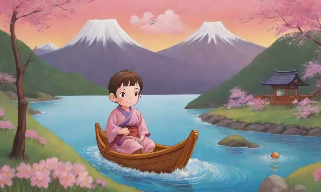Un paisaje vibrante con un niño valiente, un río brillante, oni amenazantes y un atardecer místico