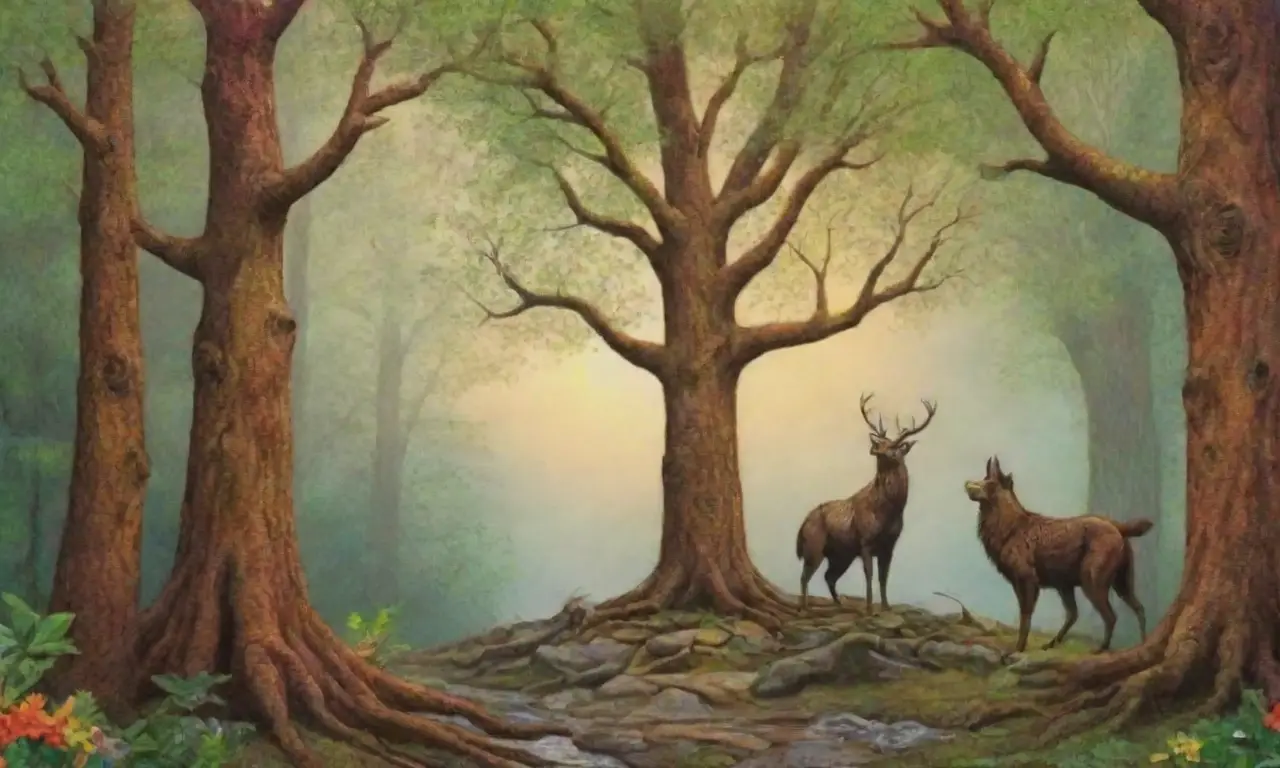 Un bosque antiguo y mágico, lleno de vida, sombras y ruinas sagradas