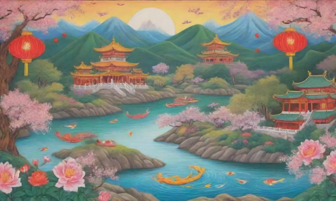 Un mural vibrante que fusiona mitos y leyendas con colores ricos y elementos simbólicos