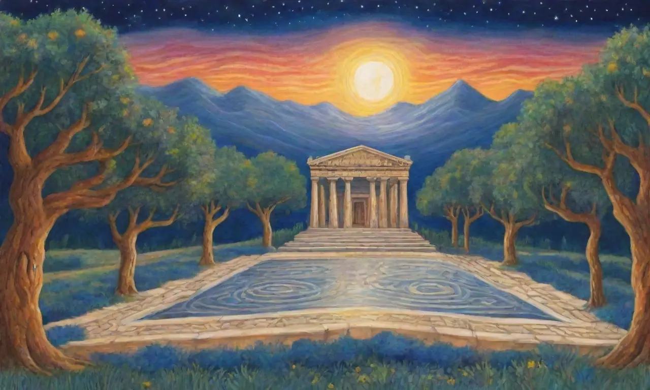Un paisaje celestial con templos griegos