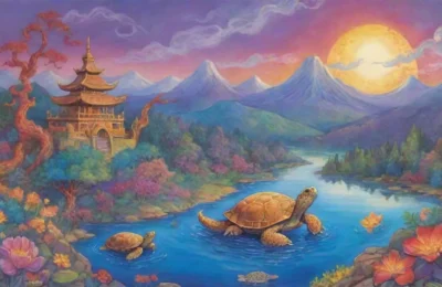 Un paisaje celestial lleno de mitología y naturaleza vibrante