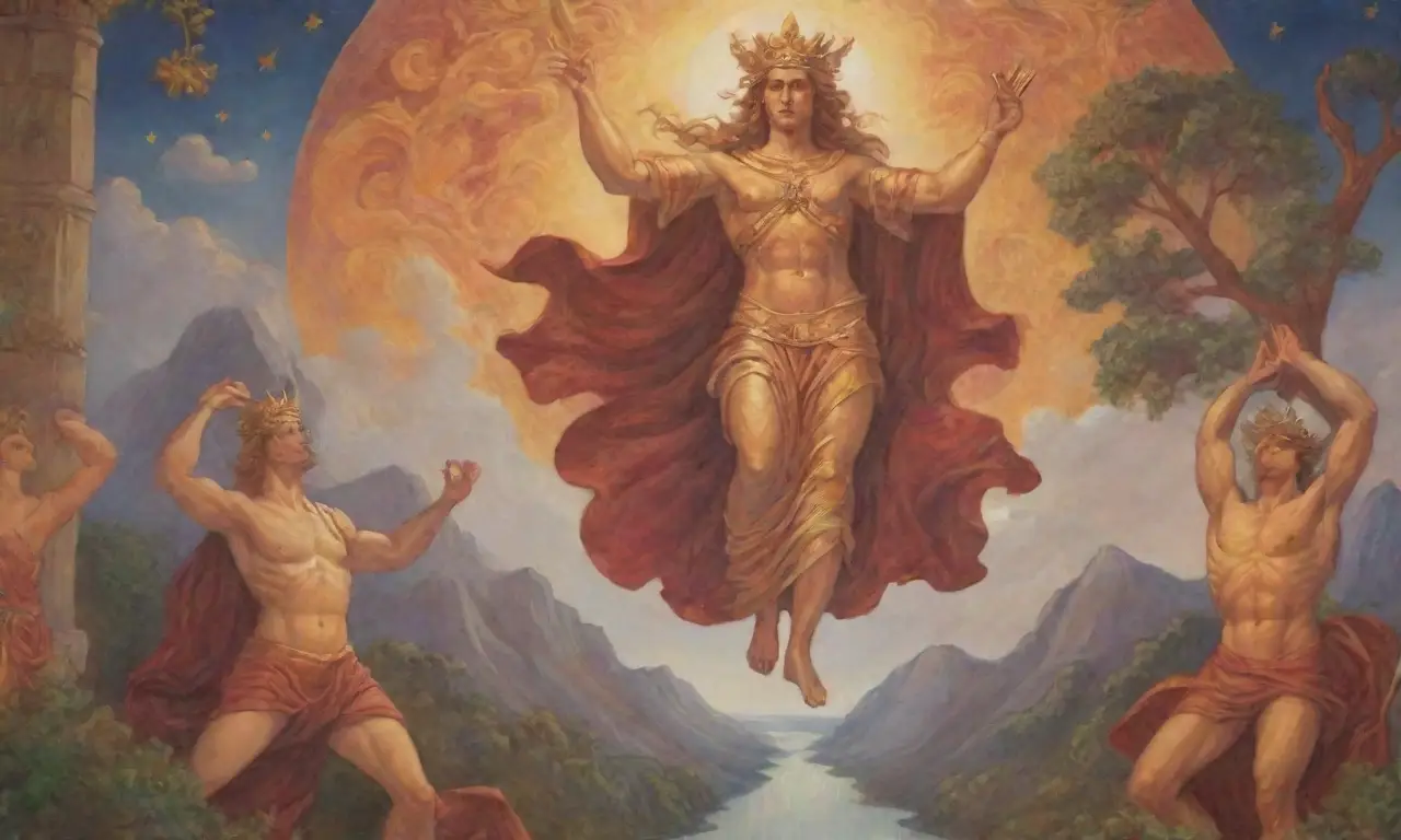 Un mural vibrante con héroes, mitología y paisajes antiguos en colores intensos