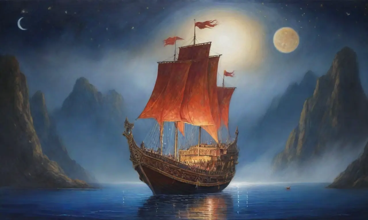 Un barco etéreo navega en aguas místicas bajo un cielo estrellado, simbolizando un viaje de creencias y recuerdos