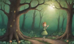 Un bosque oscuro y misterioso con un pequeño ser travieso