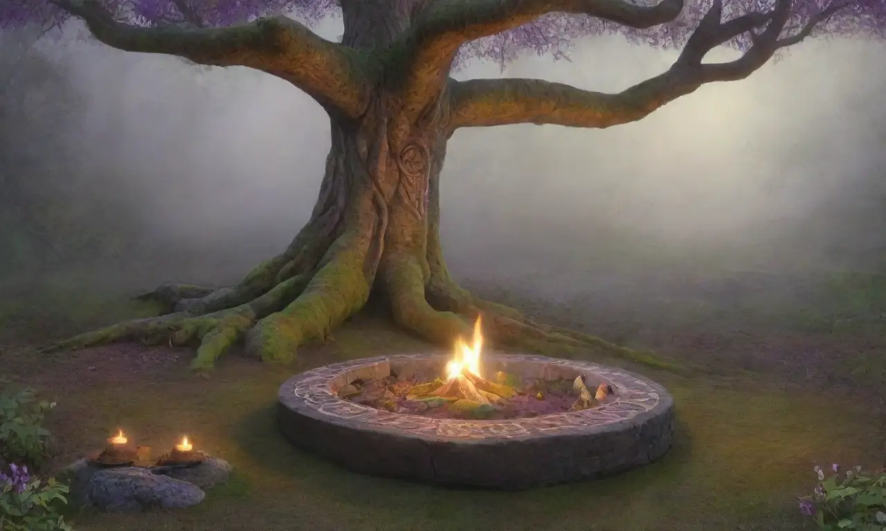 Un bosque brumoso con árboles antiguos, un altar de piedra, ofrendas, un daguerro plateado, serpientes talladas, un cuervo sabio y un portal resplandeciente