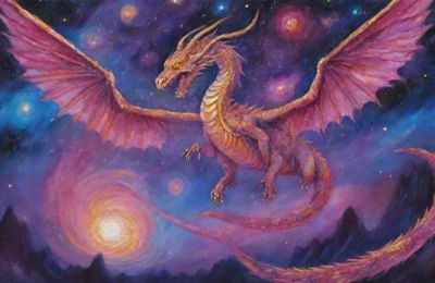 Un majestuoso dragón cósmico rodeado de galaxias y nebulosas