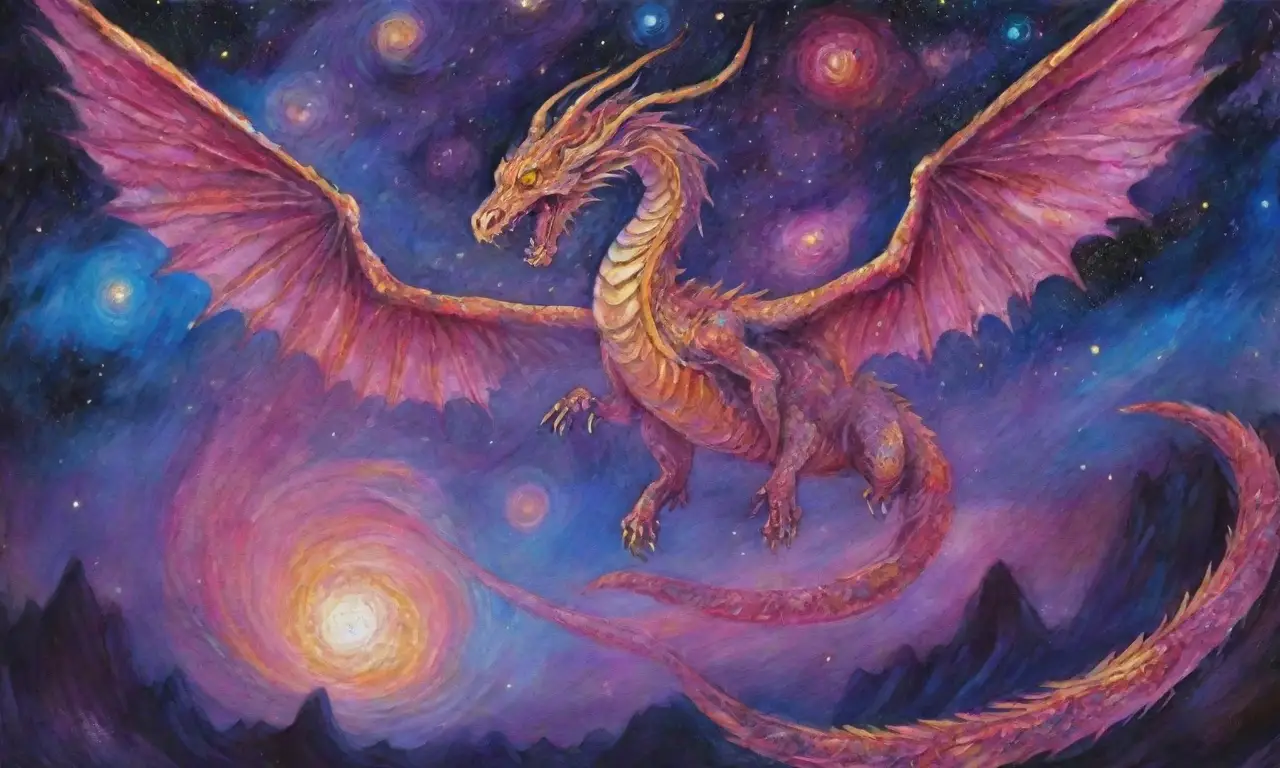 Un majestuoso dragón cósmico rodeado de galaxias y nebulosas